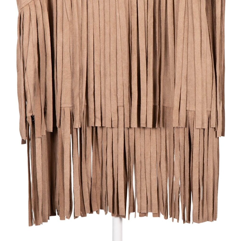 Fringe Vegan Suede Midi Skirt 12 Womens Tan Western Hippie Boho Asymmetrical - Picture 3 of 6